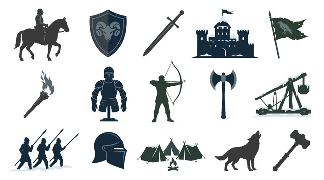 Medieval Warfare and Fantasy Glyph Icons Collection - Historical Silhouettes Set