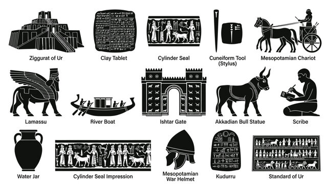 Ancient Mesopotamia History Black  White Glyph Icon Set - Artifacts, Symbols.