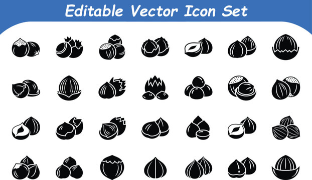 Editable vector icon set of various nuts and seeds for food and health concepts with hazelnut