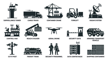Obraz premium Security and Logistics Icons: Surveillance, Transport, and Control Systems Glyph Art