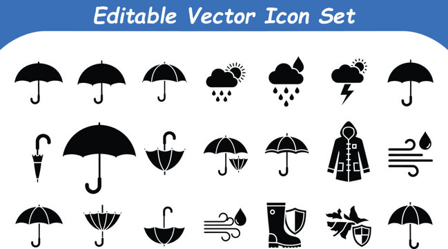 Editable vector rain and weather icon set with umbrellas clouds raindrops boots