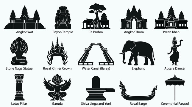 Cambodia Travel Icons: Angkor Wat, Elephant, Dancer - Black Glyph