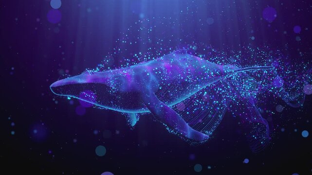A mesmerizing seamless loop of a bioluminescent whale gliding through a cosmic ocean of glowing pfor VJ sets, high-tech club visuals,  electronic music festivals, stage screens and for LED video walls