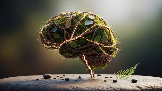 Conceptual illustration of a brain covered in foliage representing nature and thought