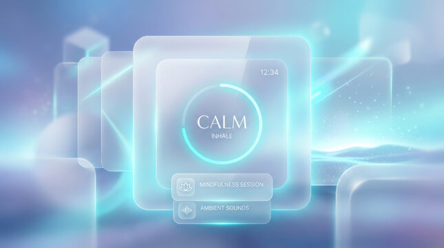 Glowing blue squares display calm text in a futuristic digital environment with neon lights