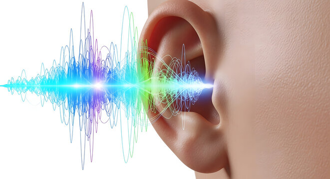 A close-up of a human ear with a vibrant sound wave emanating from it on a white background