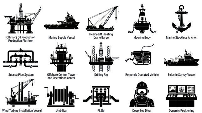 Offshore Industry Equipment Icons Set - Black and White Vector Graphics