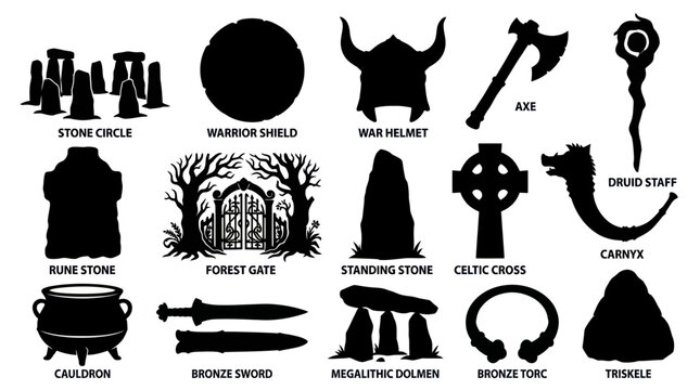 Ancient Celtic Artifacts and Symbols - Black and White Silhouettes
