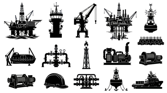 Black  White Icons of Offshore Oil and Gas Industry Equipment and Structures