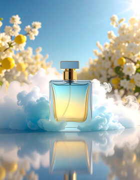 Abstract Scent cloud: Exquisite minimalist perfume bottle centered amidst floating abstract vapor clouds evokes feeling of serene luxury and freshness