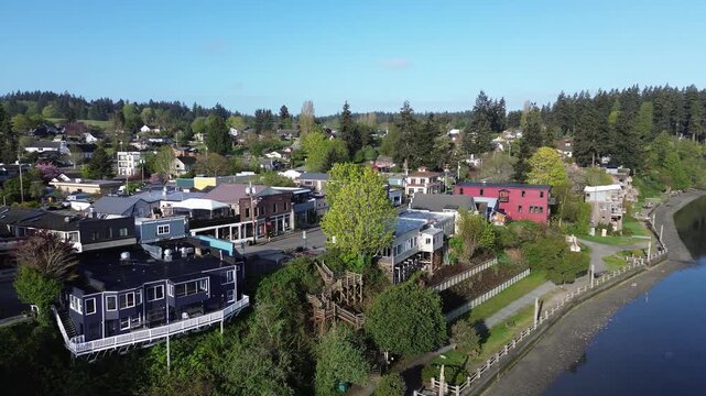 Aerial view of the seaside village of Langley, Whidbey Island, Washington