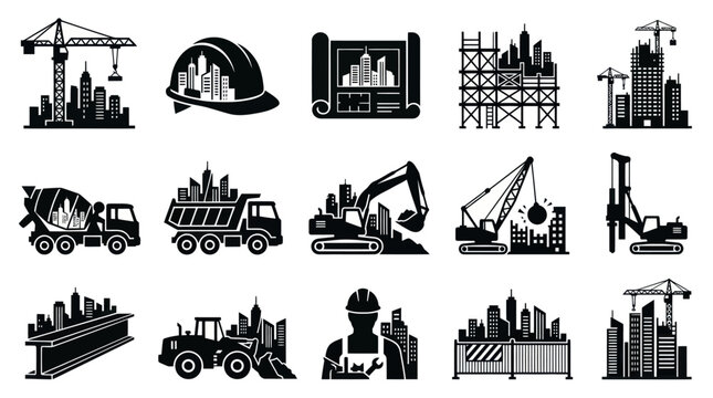 Construction Industry Icons: Buildings, Crane, Hard Hat, Truck, Excavator