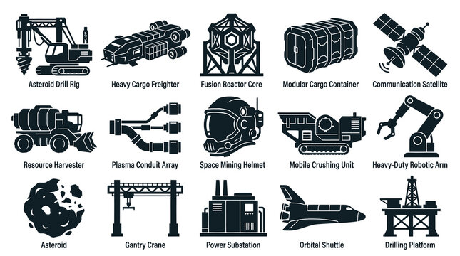 Space Mining  Futuristic Industrial Technology Solid Glyph Icons Set