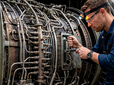 This photorealistic AI-generated image depicts a skilled aircraft technician in a dark workshop, wearing protective glasses and a headlamp. He is carefully working on the intricate details and hydraul