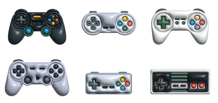Video game controller icons illustration set, generic joystick and gamepad symbols isolated on white background for interface design.