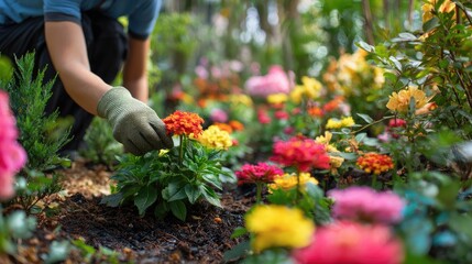 Fototapeta premium Gardener Planting Colorful Flowers in a Lush Garden Bed.