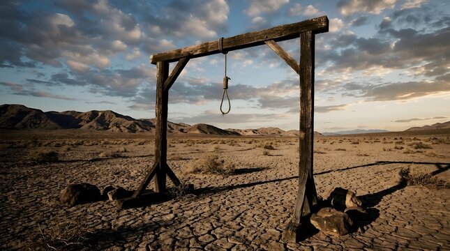 Ancient Wooden Gallows With Hangmans Noose Standing In Desert Landscape At Sunset