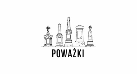 Obraz premium Hand-drawn line art of various tombstones with text below