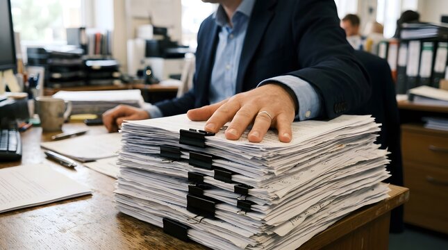 Office worker hand resting on large stack of paperwork with binder clips.