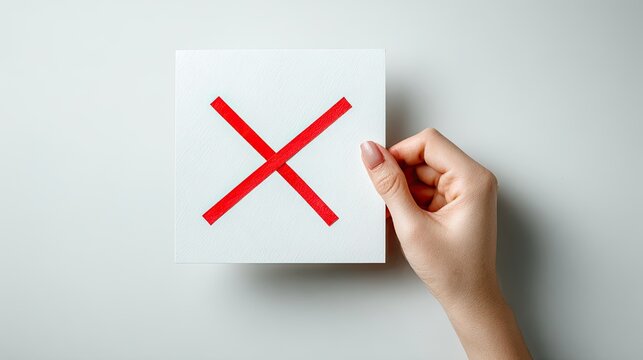 Hand Holding Paper With Red Cross Mark Symbol.