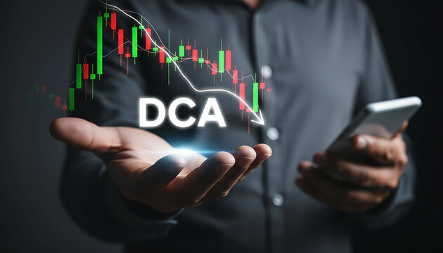 Business professional holding DCA investment strategy chart with falling trend
