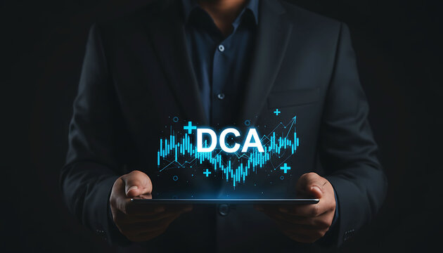 Business professional holding tablet with DCA investment growth chart trend