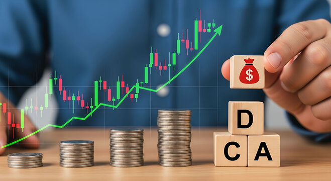 Business professional showing DCA investment strategy growth chart and coins pro