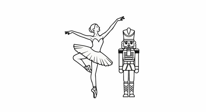 Line art of a ballet dancer in a tutu and a nutcracker soldier
