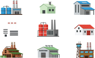 Fototapeta premium Factory Building Set with Industrial Facilities, Warehouses, Power Plants, and Storage Tanks, Vector Icons for Manufacturing and Industry