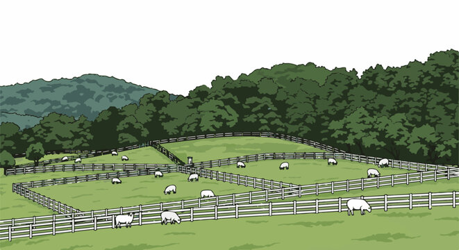 Gentle hills, a lush forest, and sheep graze peacefully in fenced pastures