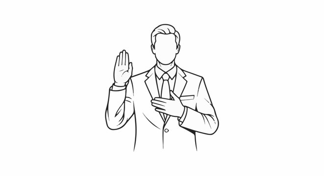 Gentleman in suit taking an oath with hand raised and other on chest