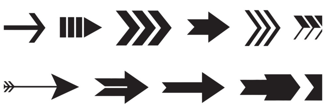 Collection of ten black arrows pointing right in various styles and designs on white background.