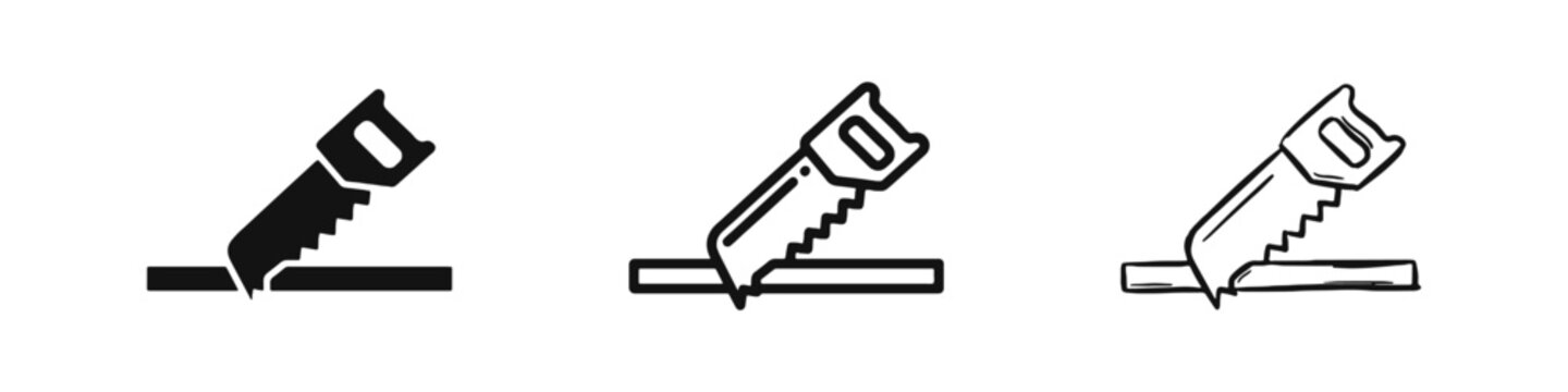 Hand Saw Cutting Wood Icon Set, Carpentry and DIY Tool, Construction Symbols in Glyph, Outline, and Doodle Styles