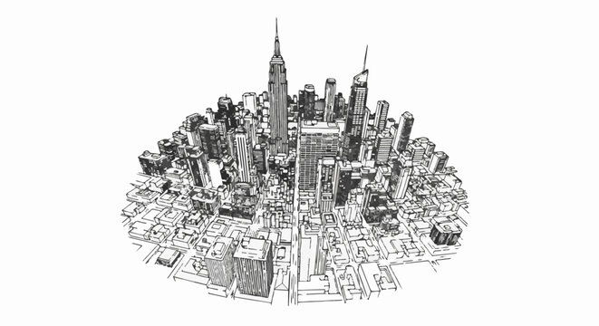 High-angle sketch of dense skyscrapers in a bustling metropolis
