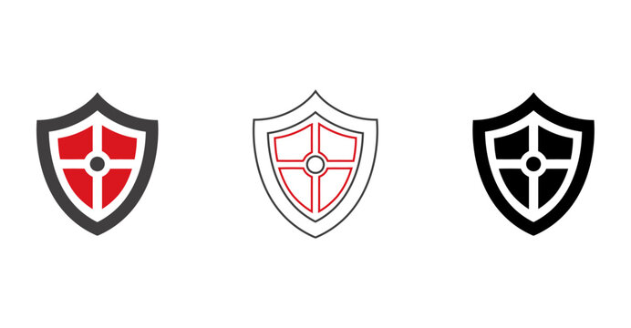 Set of shield logos with cross in the middle on white background