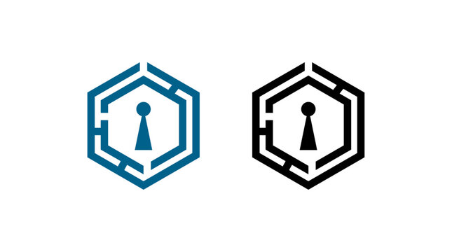 Hexagonal maze keyhole logos in blue and black on white