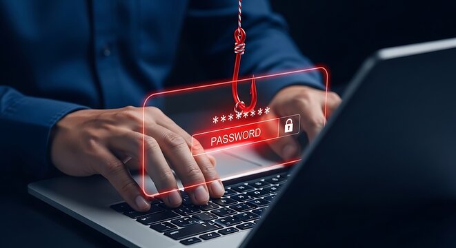 Digital login security breach with phishing hook targeting password authentication and user data protection