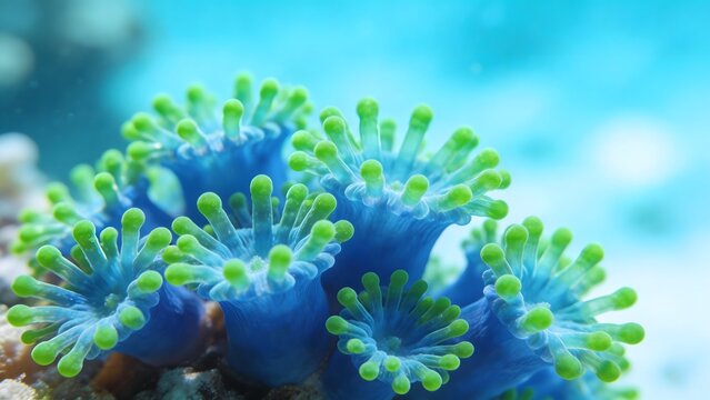 Blue and green sea anemones underwater