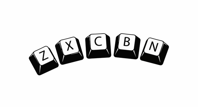 Five keys from a keyboard in black and white, showing Z, X, C, B, N in a curve