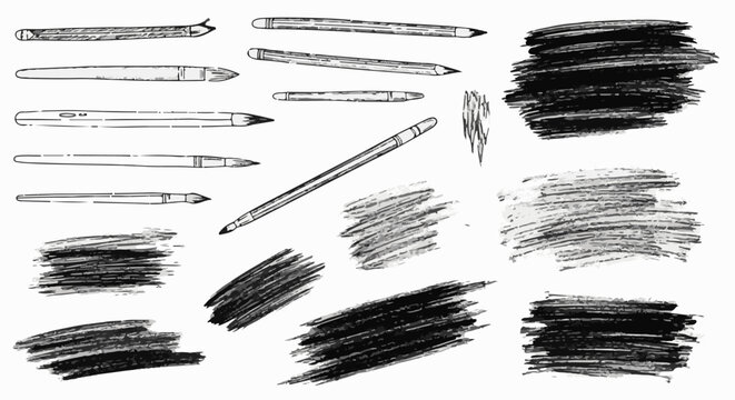 Hand-drawn art supplies brushes, pencils, and textured strokes