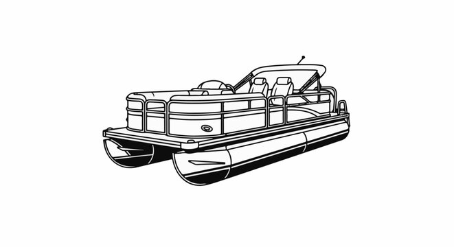 Line drawing of a modern pontoon boat with seating and a canopy