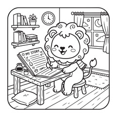 Obraz premium Lion Writing Story Coloring Page for Kids Cute Kawaii Simple Line Art Fun Design Page