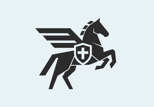 Minimalist pegasus silhouette with shield and cross icon