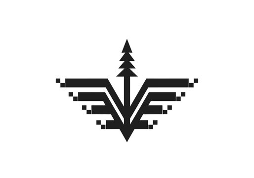 Minimalist pine tree logo with pixelated wings on white background