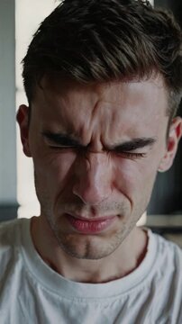 A young Caucasian man with short brown hair is grimacing in pain, holding his head with one hand. He appears to be suffering from a headache.