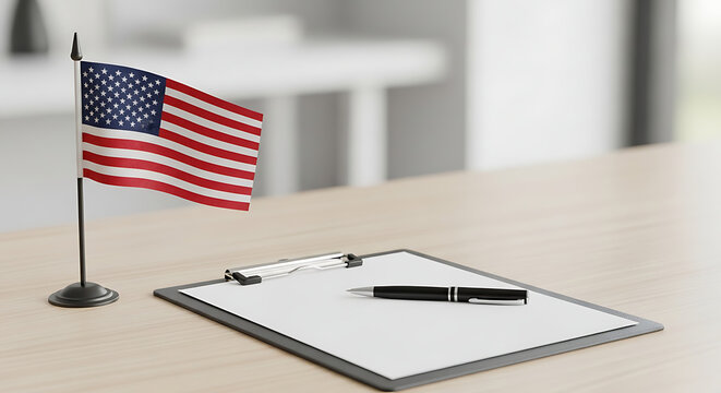 american flag on clipboard with pen on wooden desk in bright office setting