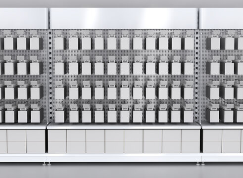 Close-up of supermarket retail displays with metal pegboard and blank small boxes hanging on euro hooks with price holders. 3d illustration on white background