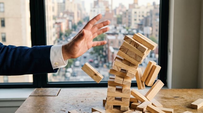 Businessman trying to save falling jenga blocks on a wooden table in an office with a city view