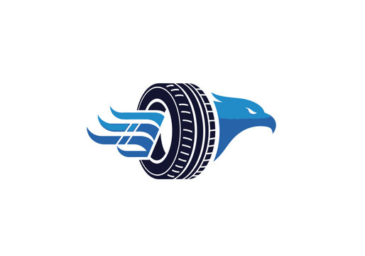 Modern automotive logo with eagle head and spinning tire