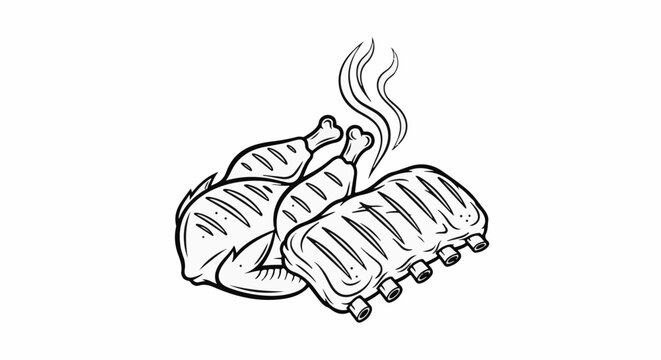 Grilled chicken and ribs with steam rising, black and white line art